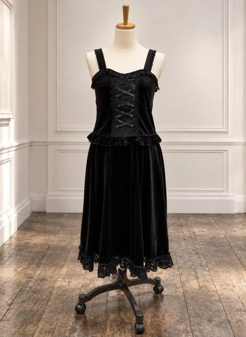トルソーに着せた、編み上げとレースのある黒い服