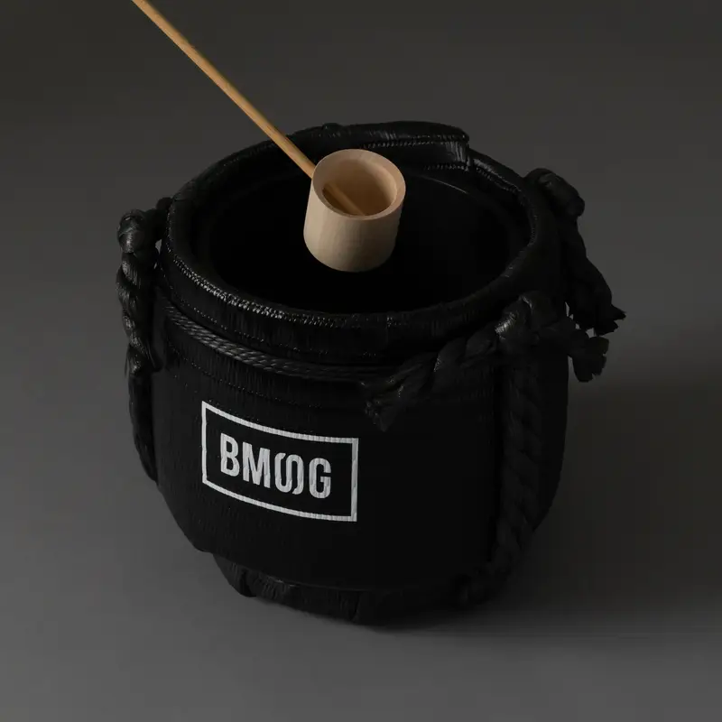 岸本吉二商店の菰樽 ミニ鏡開きセット。BMSGの黒で統一し、中の樽は取り外して洗える(画像:PR TIMES)