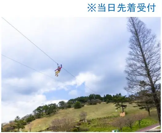 山の斜面の上空をワイヤーで滑り降りるジップスライドの利用者
