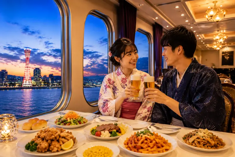 浴衣で乾杯するカップルと神戸ポートタワーの夕景