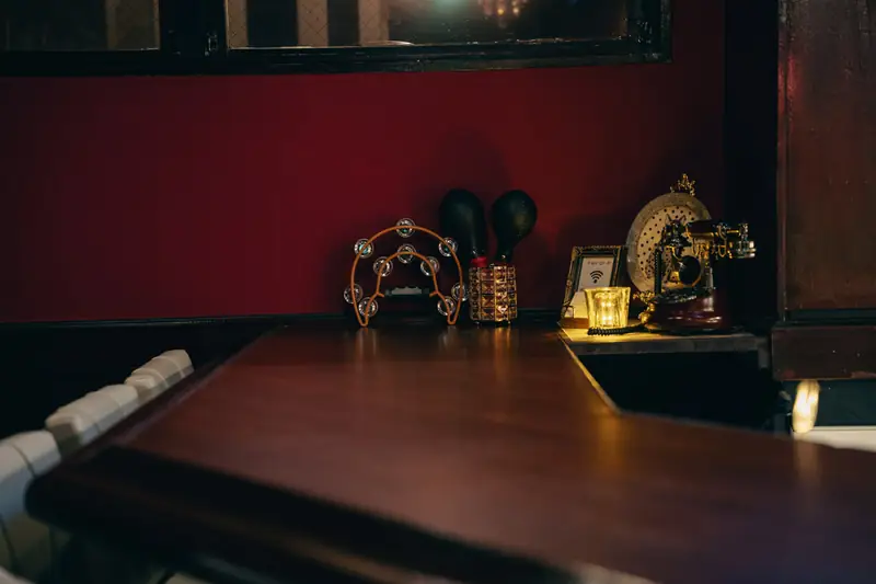 Tambourine and maracas on a snack bar counter